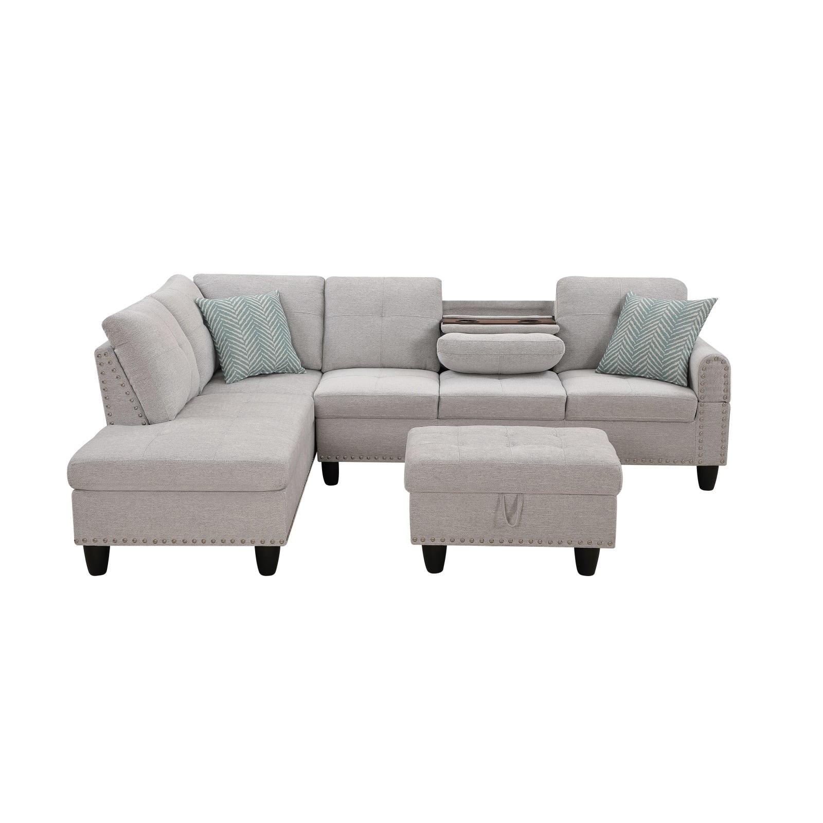 Hommoo L-Shaped Upholstered Sectional Sofa Couch with Storage & Cup Holders, Linen Living Room Sofa Set, With Ottoman, Light Gray