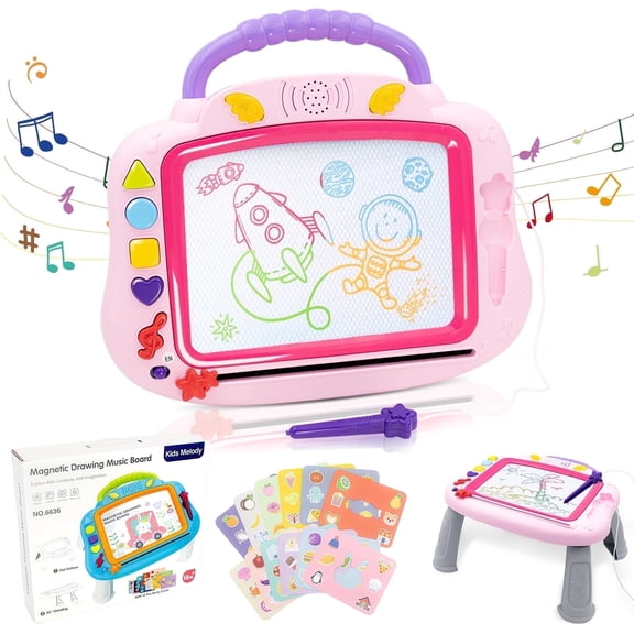 Magnetic Drawing Board for Toddlers 1-3 Doodle Board for Kids 3 in 1 Light up Musical Educational Learning Alphabet Sounds Toys with 12 Drawing Cards for Girl Boys Birthday Gifts Pink