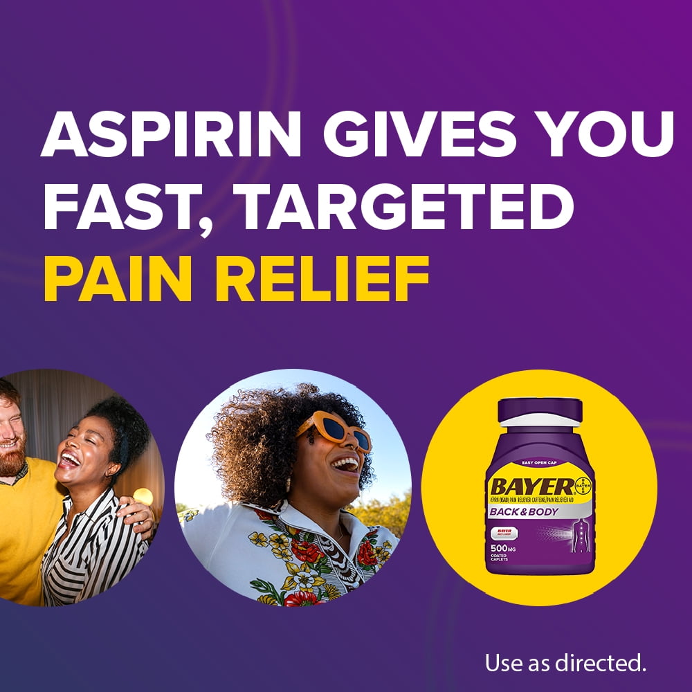 (3 pack) Bayer Back and Body Extra Strength Aspirin 500mg, Aspirin Plus 32.5 mg Caffeine Pain Reliever, Powerful Back and Body Pain Relief, 100 Coated Caplets