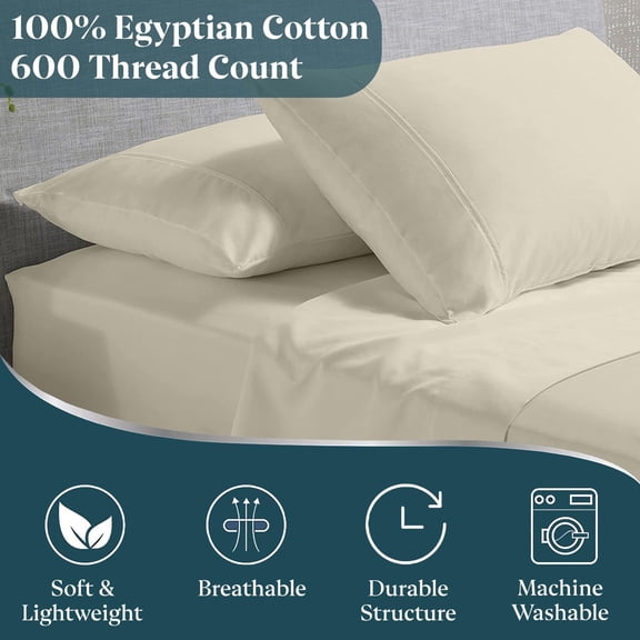 Queen Size Sheet Set -  Cotton Sheets for Queen Size Bed - 600 Thread Count Queen Bed Sheets Set with 16" Deep Pocket - 4 Piece Luxury Sheets Queen Size - Soft, Cooling Sateen Weave - Ivory