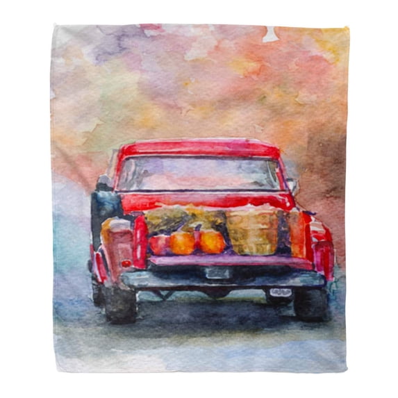 ASHLEIGH Throw Blanket Warm Cozy Print Flannel Colorful Truck Autumn Harvest Red Car Pumpkin Watercolor Auto Comfortable Soft for Bed Sofa and Couch 58x80 Inches