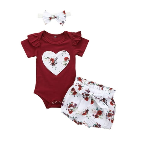

DNDKILG Infant Baby Toddler Girls Outfits Ruffle Short Sleeve Bodysuit and Floral Shorts Set Clothes Set Summer with Headband Deep Red 6M-2Y 70
