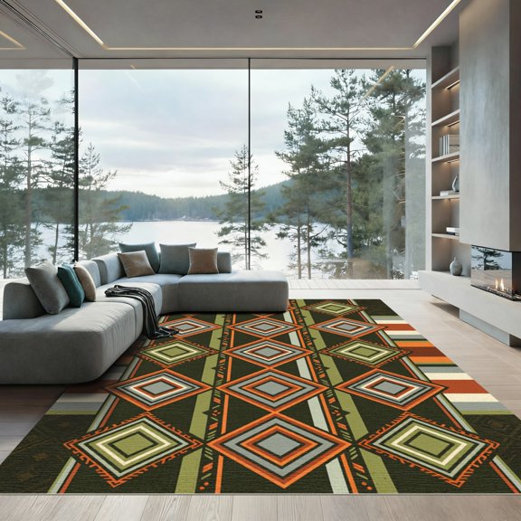 ODIKA 4'x6' Machine Washable Non-Slip Area Rug, Geometric Black High Traffic Rug, Black, 1171636