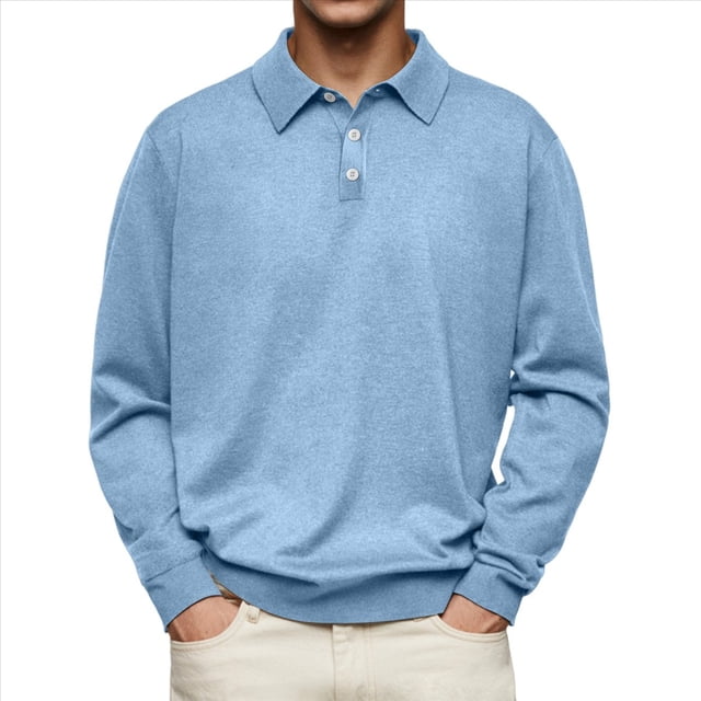 Camisas de Punto para Hombre, Camisas Casuales de Larga, Camisas Clásicas con Botones, Camisas de Golf Azul L