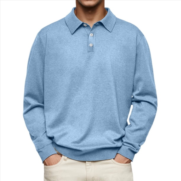Camisas de Punto para Hombre, Camisas Casuales de Larga, Camisas Clásicas con Botones, Camisas de Golf Azul XXL