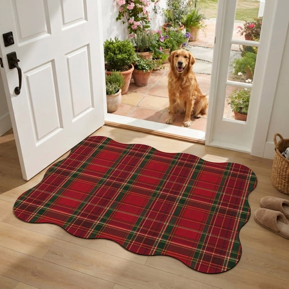 Red Green Plaid Diatomaceous Earth Bath Mat, Christmas Winter Farmhouse Vintage Buffalo Check Scalloped Non-Slip Quick Dry Door Mat Super Absorbent Bath Rug for Bathroom Kitchen Laundry 24x36in