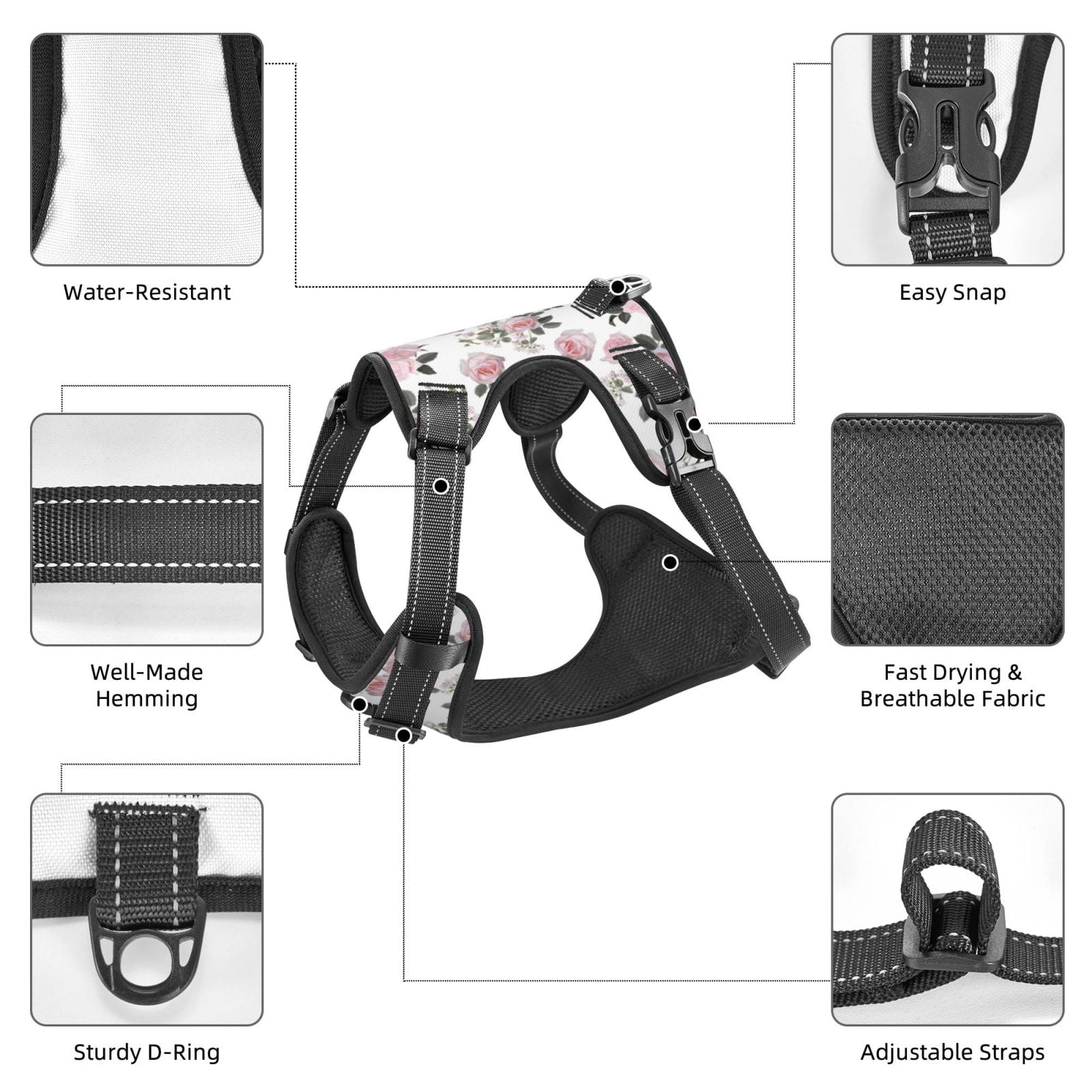 Fuzoiu Rose Flowers Print Reflective Dog Harness,Adjustable, Breathable Pet Vest,Dog Harness No Pull,No Choke Pet Vest for Small, Medium, and Large Dogs-Small