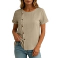 thumbnail image 4 of GUACER Blouses for Women Short Sleeve Cotton Linen Casual Round Neck Button Down Tops Relaxed Fit Shirts, 4 of 7
