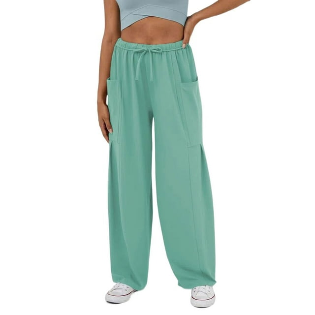 Opperiaya Women Baggy Pants Solid Color Drawstring Waist Wide Leg Pants Multiple Pockets Jogger Pants