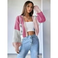 thumbnail image 6 of Women'S Color Block Open Front Long Sleeve Ribbed Knit Cropped Cardigan Sweaters Pink XXXL, 6 of 8