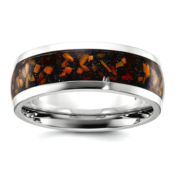 Stainless Steel Polished With Yellow Tigers Eye Inlay 8mm Band Size 10.5 Ring for Women and Men