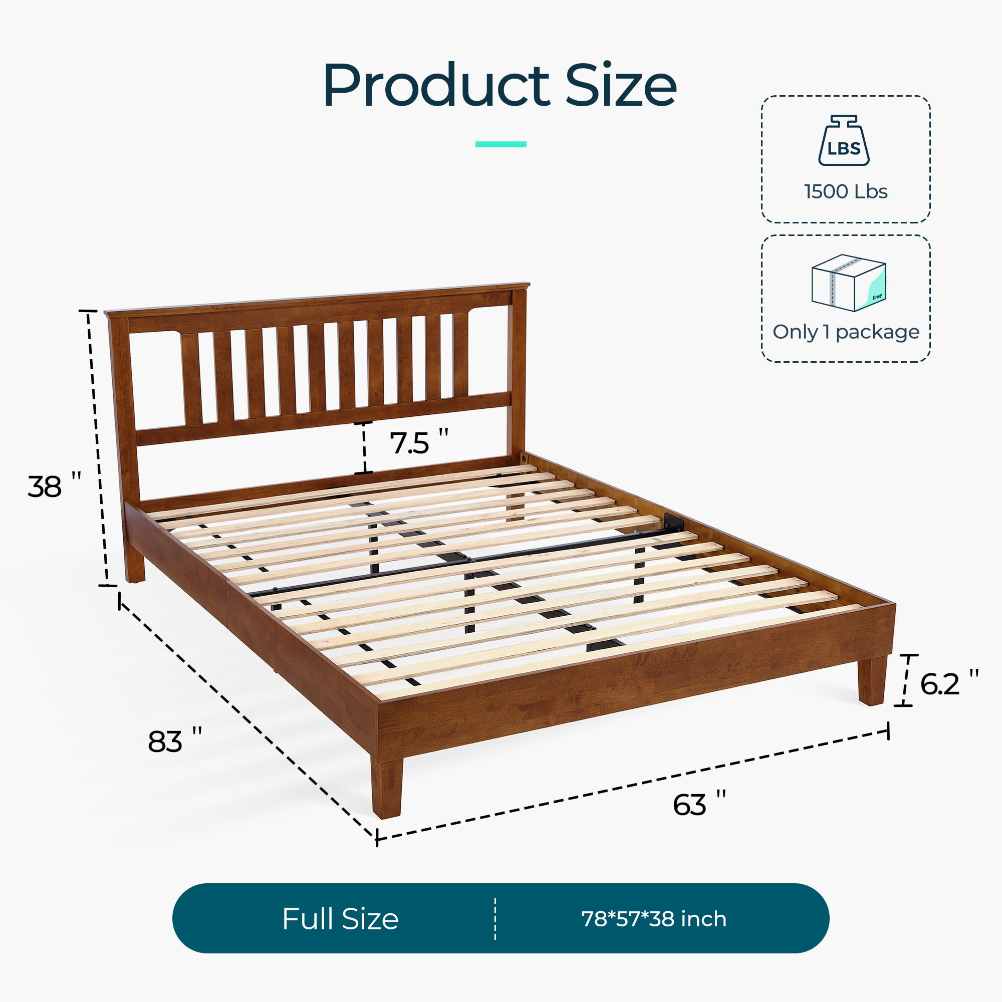 Linsy Home Solid Wood Full Size Bed Frame with Headboard, No Box Spring Needed, Walnut