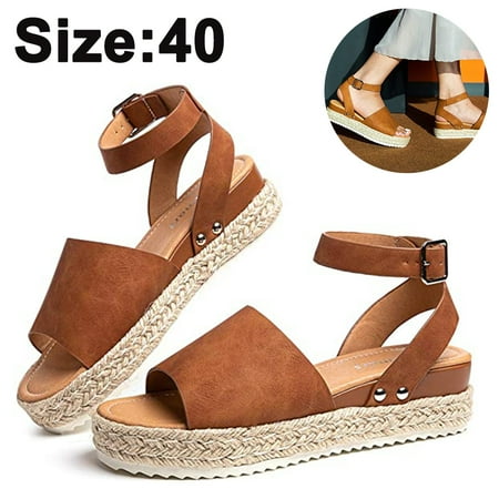 

Womens Open Toe Ankle Strap Platform Wedge Shoes Casual Espadrilles Trim Flatform Studded Wedge Sandals