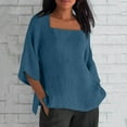 thumbnail image 2 of ManxiVoo Women's Square Neck 3/4 Sleeve Top Breathable Cotton Blend Solid Color Casual Shirt Relaxed Fit Modern Tops L Size Blue, 2 of 6