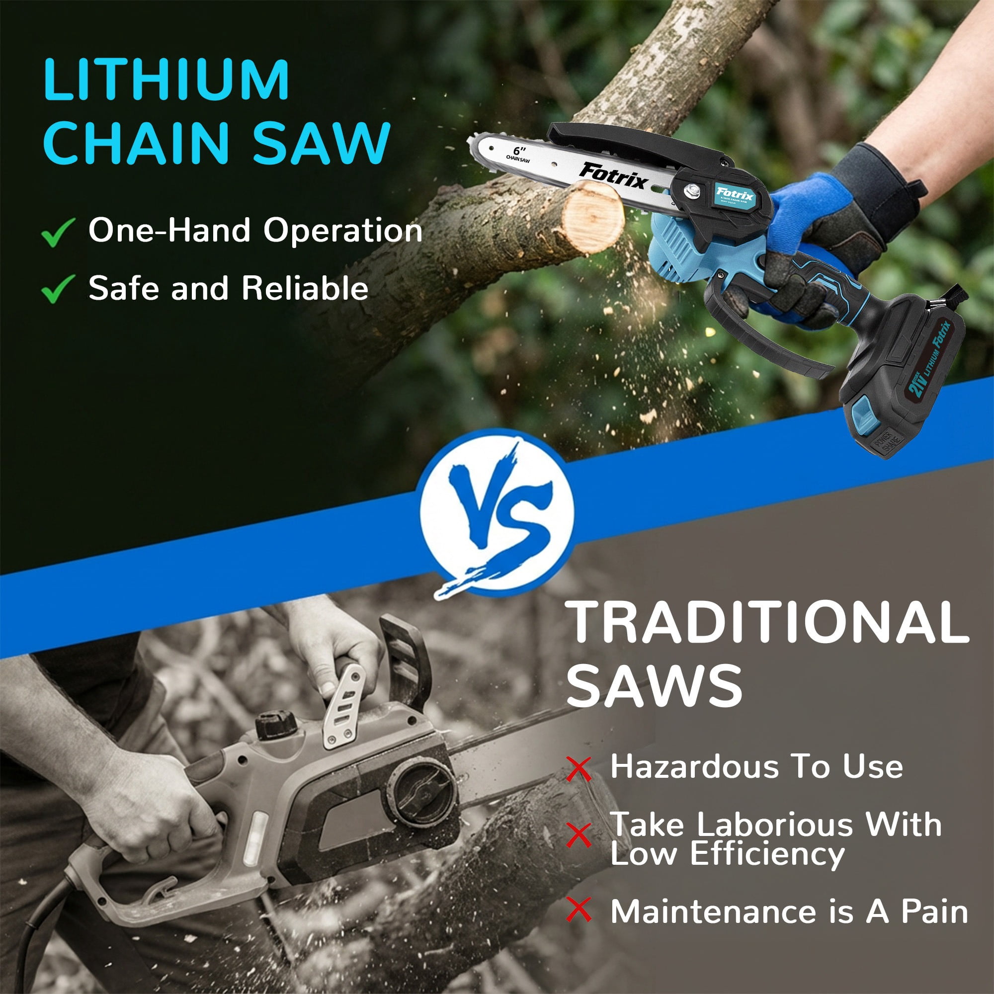Fotrix 8inch chain saws (2 battery) Lightweight One-Hand Operation Fast & Powerful Cutting Performance Easy Chain Adjustment & Maintenance Portable Storage Case with Protective Foam