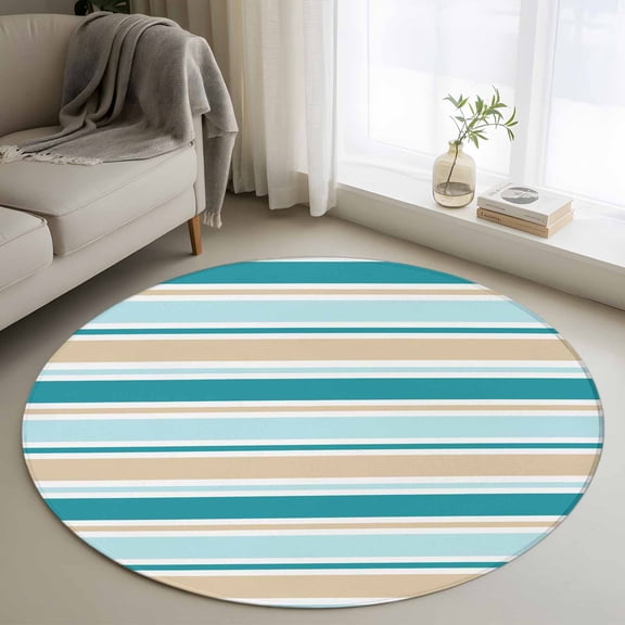 Round Rug 4Ft Washable Non-Slip, Teal Khaki Striped Circle Area Rugs for Living Room Bedroom, Farmhouse Stripes Modern Abstract Art Indoor Floor Mats Carpet Runner for Home Decor Aesthetic