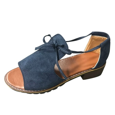 

Womens Sandals Women Ladies Squared Heel Solid Bowkont Sandals Casual Lace Up Peep Toe Shoes Women S Sandals Flock Blue 37