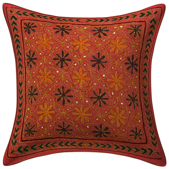 Stylo Culture Ethnic Sofa Throw Pillow Cover 16 x 16 Sequins Gold Zari Embroidered Pink Indian 40 x 40 cm Home Decor Cotton Floral Square Cushion Cover | 1 Pc