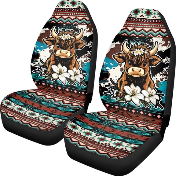 Verolix Mesh Fabric Car Seat Covers for Front Seats, 2-Pack Stretch Fit Auto Seat Protectors, Highland Cow Floral Print Seat Covers for SUV, Truck, Sedan, Van