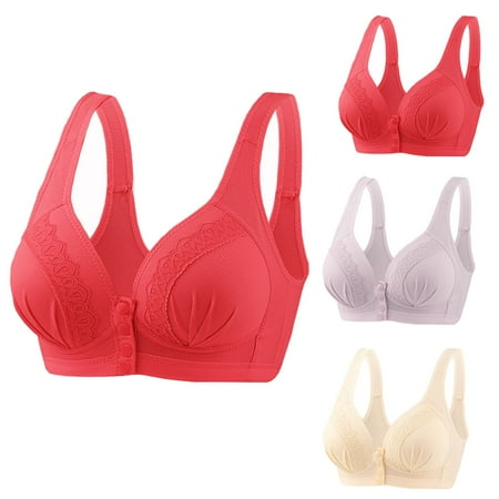 GERsome Front Button Bra Front Closure Everyday Sports Bras Comfort Wireless Bras Full Coverage Bras for Women & Girls Pack of 3 Assorted Color Beige/Red/Light Purple XL