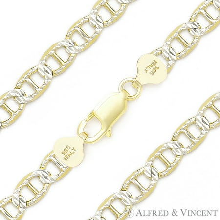 8mm Marina / Mariner Link D-Cut Pave Italian Chain Bracelet in .925 Sterling Silver w/ 14k Yellow Gold