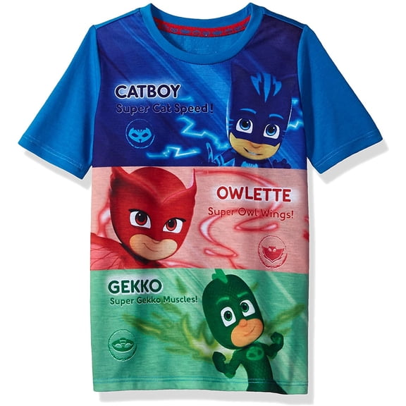 PJ Masks Boys' Short Sleeve T-Shirt – Catboy, Owlette & Gekko Graphic Tee – Soft Cotton Crewneck Top (Blue/Red/Green, 5T)