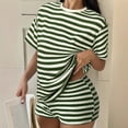 thumbnail image 2 of Morttic Women's Summer Casual Waffle Knit Stripe 2 Piece Set – Crew Neck Short Sleeve Top & High Waist Shorts Lounge Outfit Green，L, 2 of 6