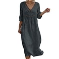 thumbnail image 2 of Wovilon Women's Casual Summer Dresses, 3/4 Sleeve V Neck Midi Dress, Cotton Linen Blend Loose Fit A-Line Tunic with Crochet Lace Trim, 2 of 8