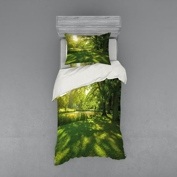 Ambesonne Landscape Bedding Set 3 Pcs, Summer Park Hamburg, Twin, Green