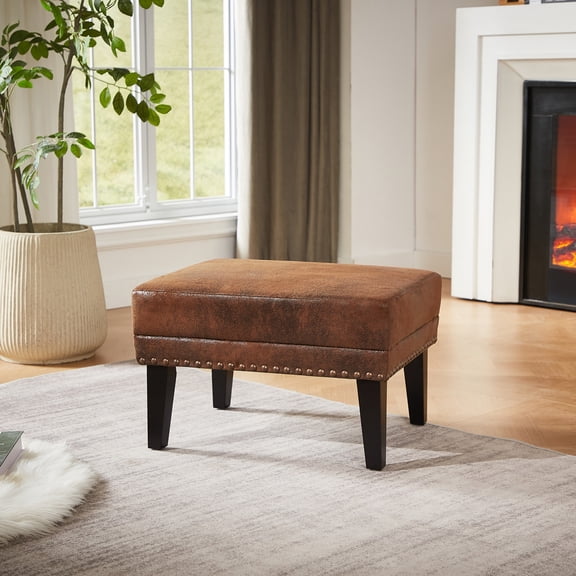 Christopher Knight Home Vintage Upholstered Ottoman with Nailhead Trim, Solid Wood Legs, Brown