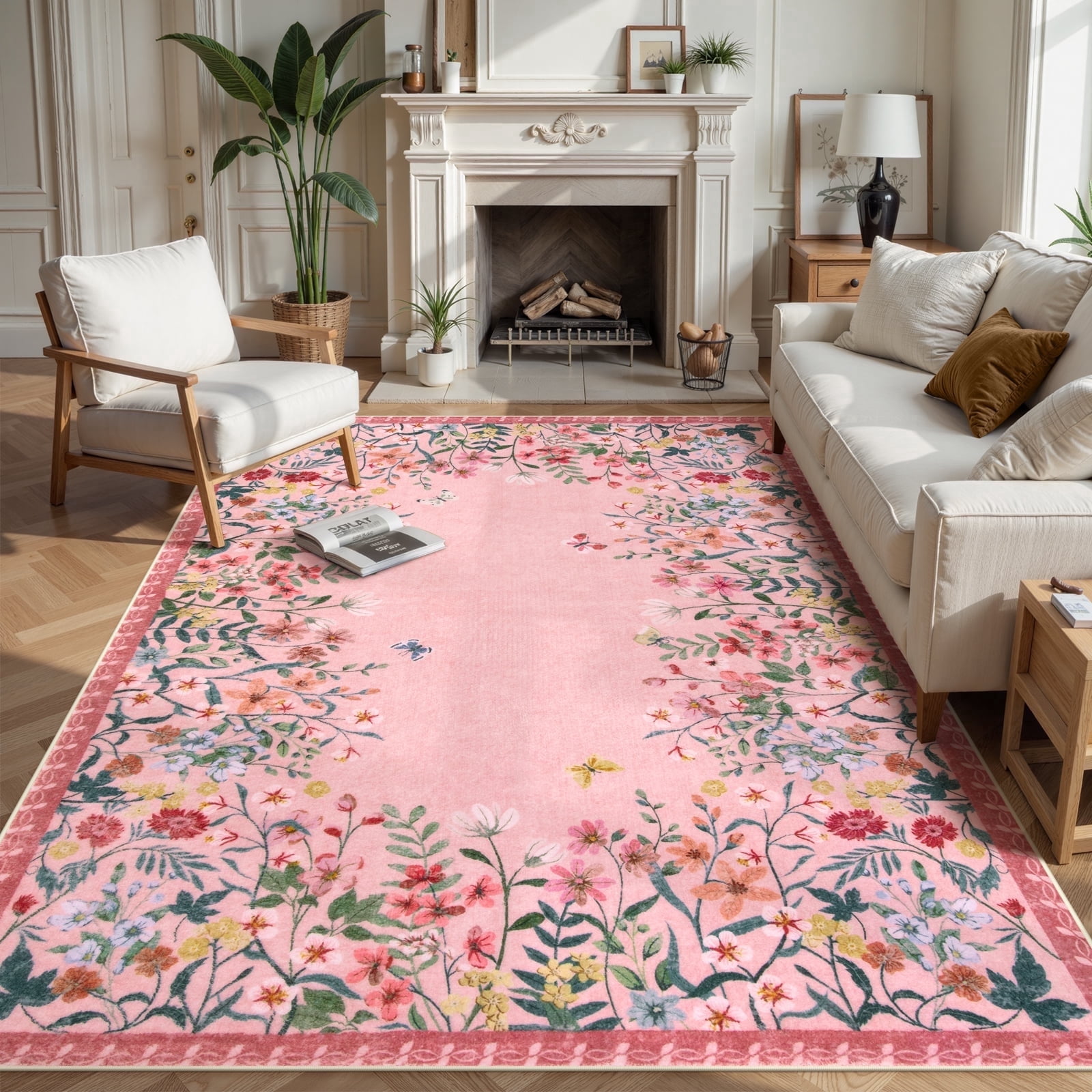 Wonnitar 8'x10' Floral Large Area Rugs for Living Room, Ultra Soft Washable Bedroom Rug Non Slip Pink Vintage Accent Carpet for Dressing Room Home Office Room Sunroom Vanity Area, Soft Non Slip