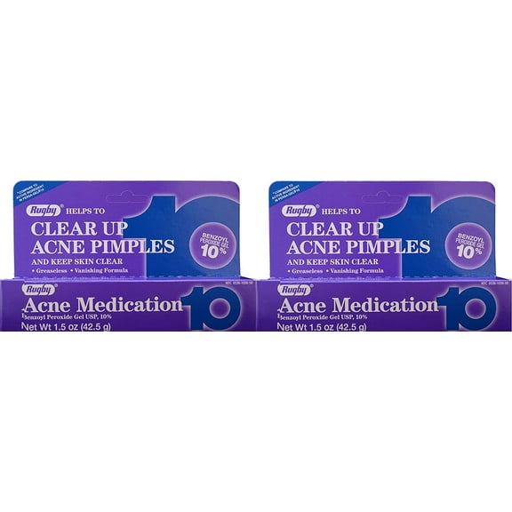 Rugby Acne Medication Gel Benzoyl Peroxide 10 Percent 1.5 Oz 2 Pk | Acne Cream for Face | Acne Spot Treatment | Adult Acne Treatment for Women and Men | Clear Skin Products | Acne Skin Care Greaseless