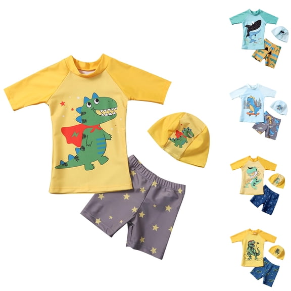 SROBPTY Kid Boys Swimsuit Set Print Long Sleeve Top Shorts 3 Piece Bathing Suits for 1-8 Years