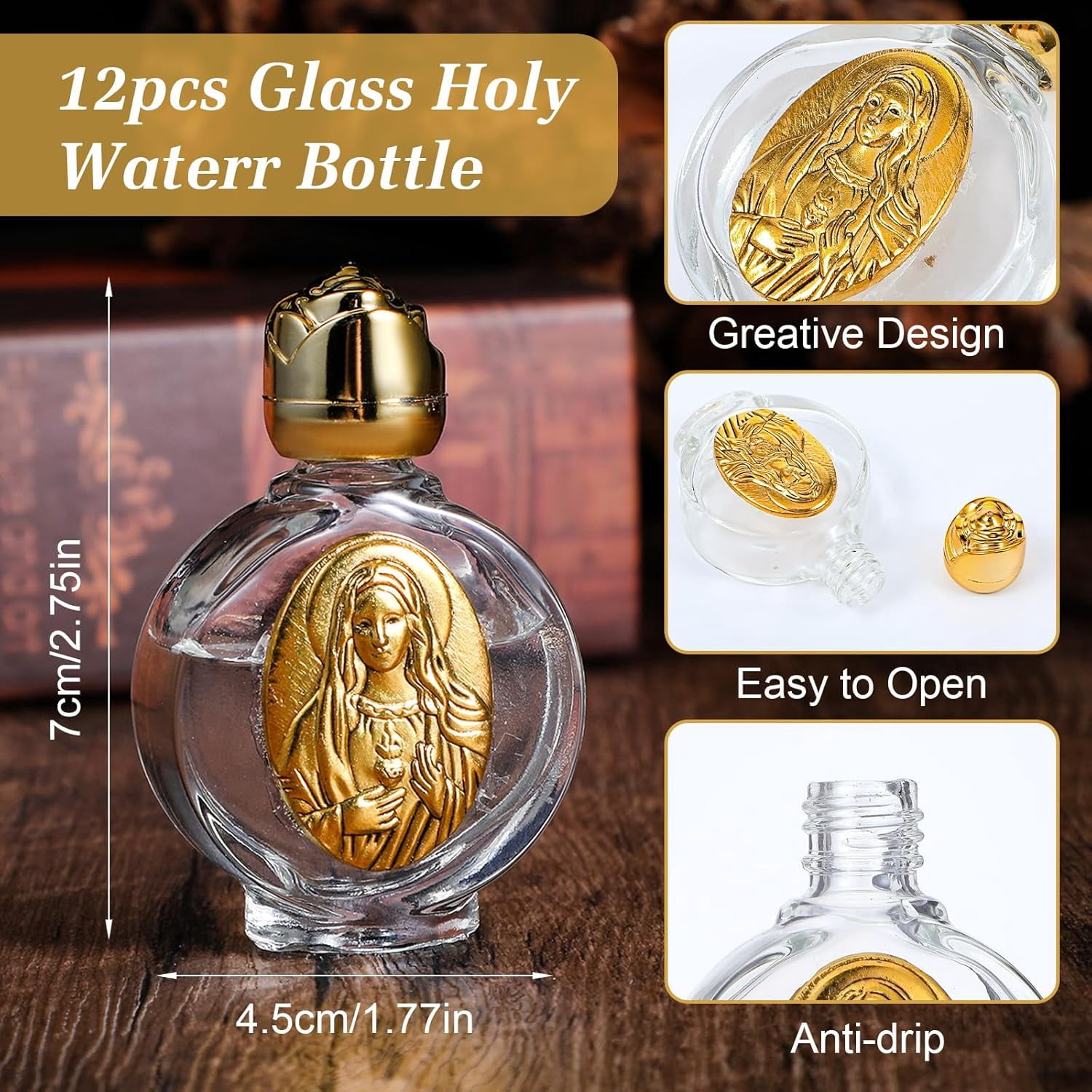 12 Pcs Glass Holy Water Bottles 0.5 Floz Embossed Portable Glass Travel Bottles Girl Communion Church Gifts for Home Wedding Baptism Favors(Gold,Immaculate Heart of Mary)