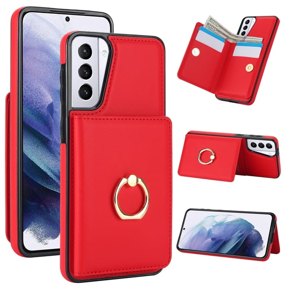 For Samsung Galaxy S21 Case Wallet Card Holder,Premium PU Leather Back Flip Kickstand Folio Case,RFID Blocking Ring Holder Shockproof Magnetic Women Men For Samsung Galaxy S21,Red