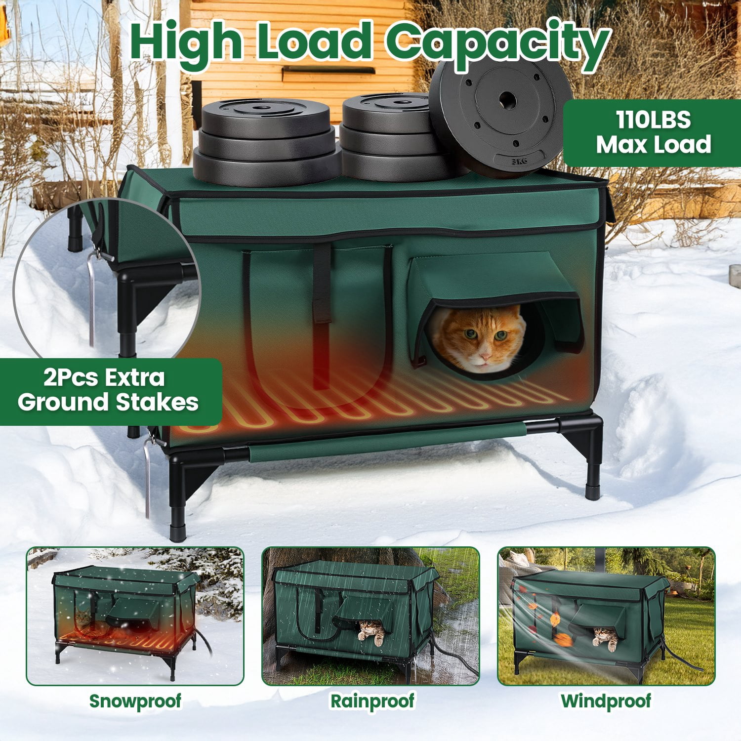 Waterproof Heated Cat House Outdoor Weatherproof Insulated Kitty Shelter with Heating Pad Anti-Chew Cord 2 Doors 3 Windows for Indoors Outdoors Winter Summer