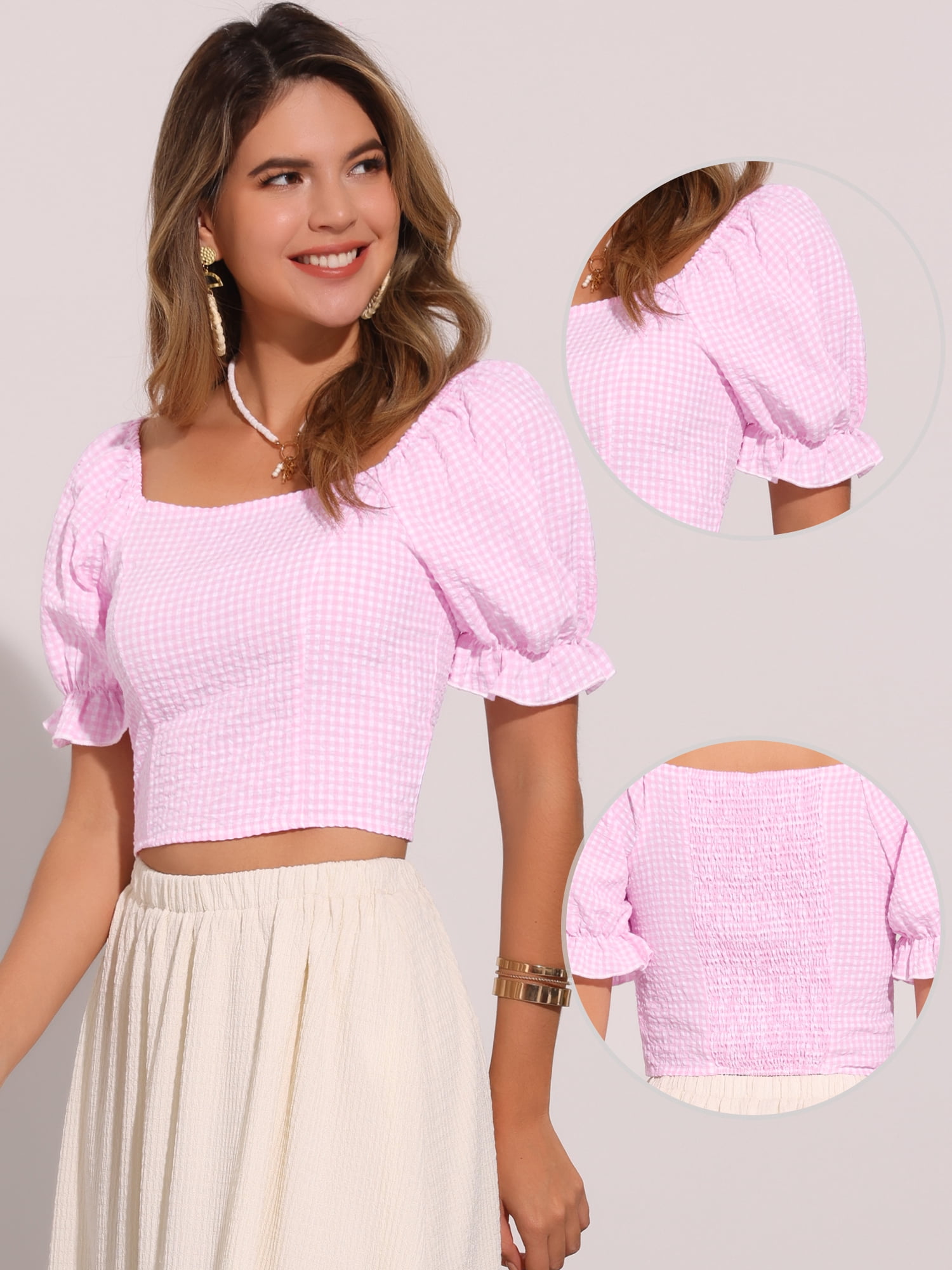 DARING DIVA Women's Smocked Crop Bubble Sleeve Peasant Gingham Tops XL Light Pink