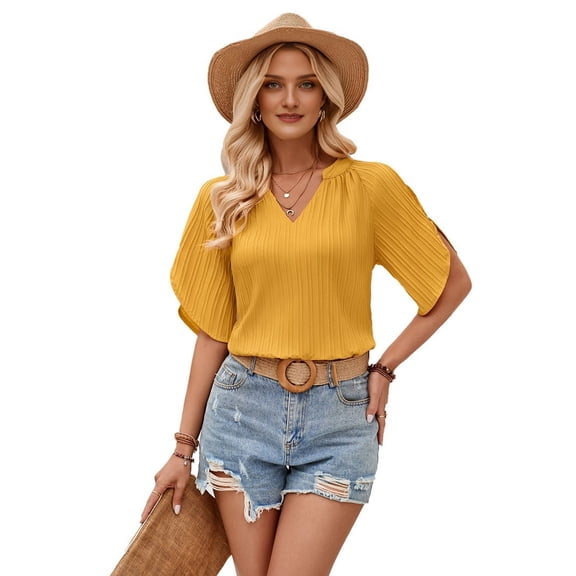 Womens Blouses Chiffon Hollow Out Short Sleeve V Neck Business Casual Tops Summer Cute Shirt Yellow S