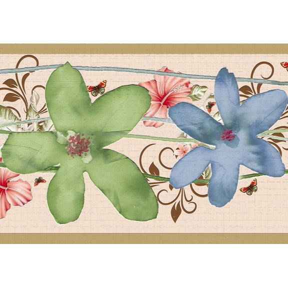 Dundee Deco Peel and Stick Self Adhesive Wallpaper Border - Kids Blue, Pink Flowers, Butterflies, 15 ft x 7 in