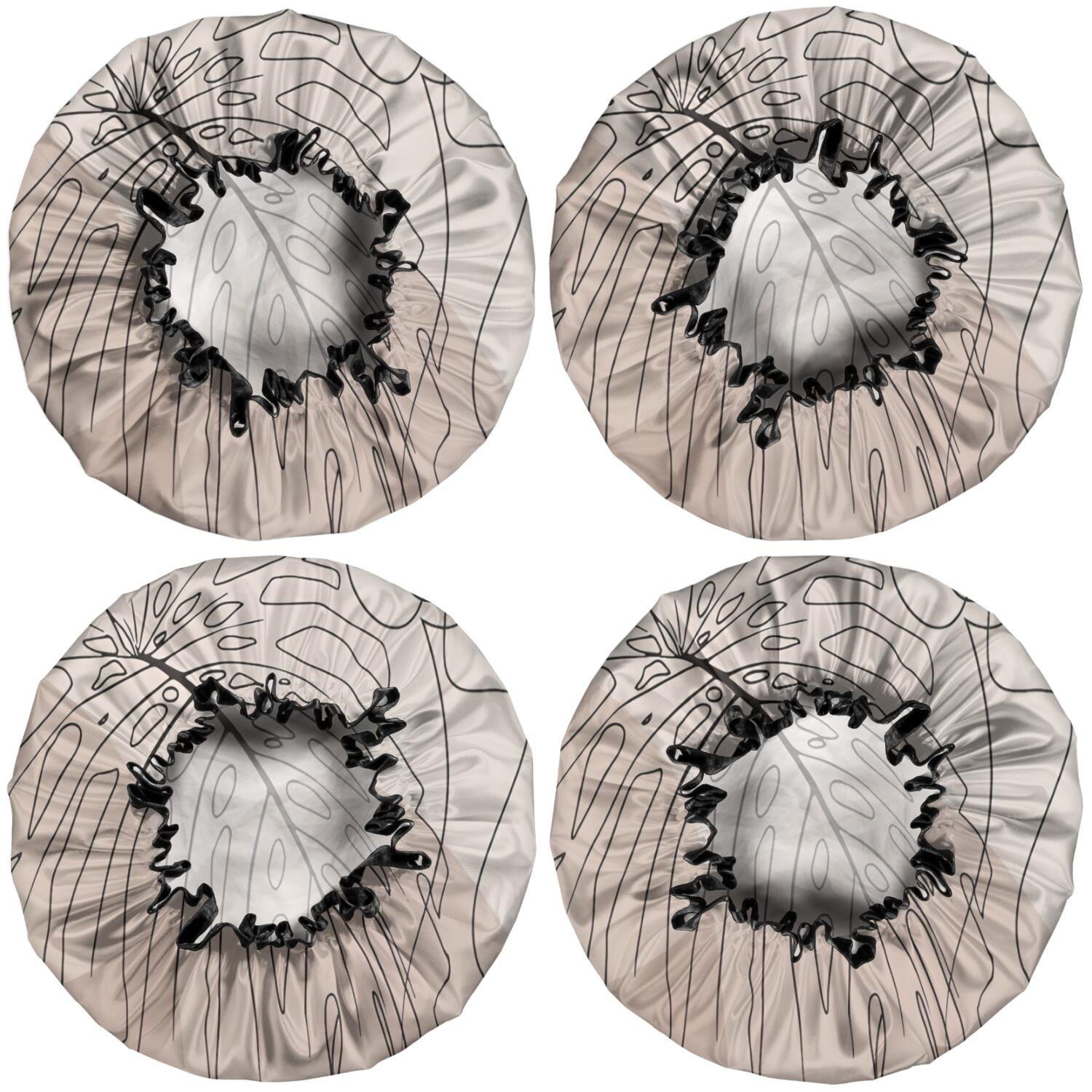 Shower Caps,Brown Boho Line Art Plant Pattern Waterproof Shower Cap for Women 4 Pieces,Double Reusable Hair Cover for Shower PEVA Elastic Stretch Hem