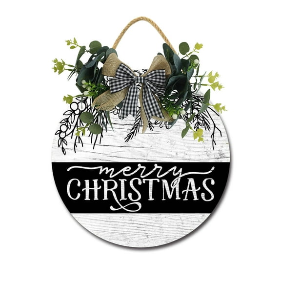 Merry Christmas Door Sign Home Decor Round Wood Wreaths Wall Hanging Sign Farmhouse Porch Sign Front Door Decoration for Housewarming Gift All Seasons Holiday,12In