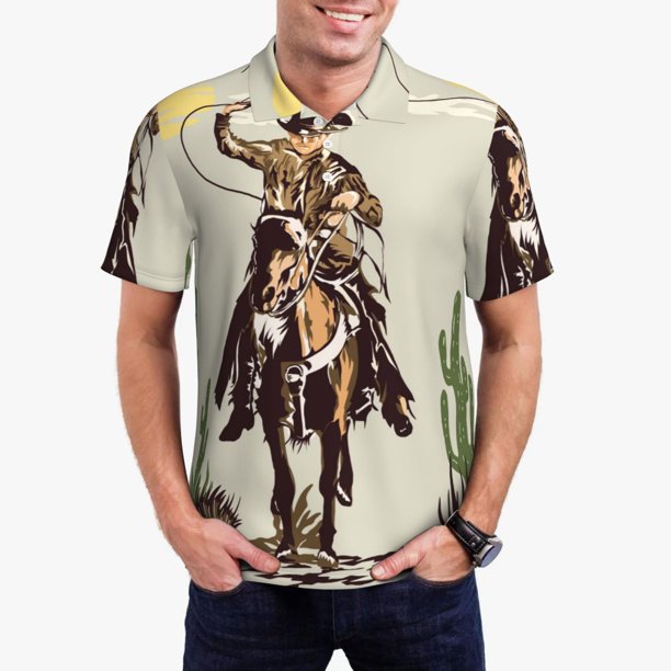 Fotbe Vintage Cowboy Riding Horse Camiseta Polo de Golf para Hombre con Estampado – Camisa Deportiva Transpirable con Cuello Abotonado-Large