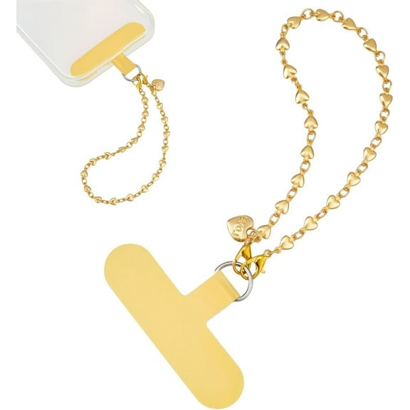Golden Heart Phone Chain Wristlet with TPU Mobile Phone Lanyard Patch 9 inch Detachable Alloy Phone Charm Strap for DIY Women Fits All Phones Shopping Traveling Party Walking