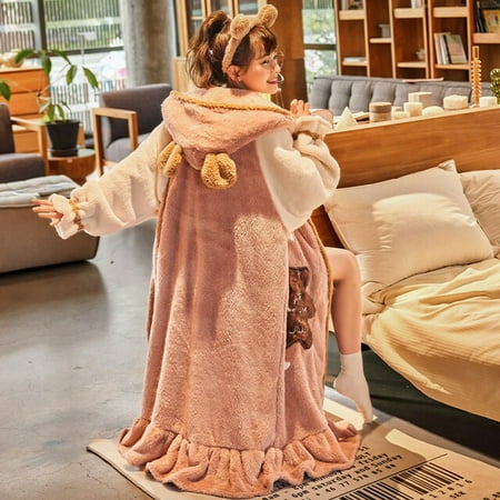 

DanceeMangoo FUNISHI Women Sleepwear Hooded Inspissate Winter Pajamas Coral Fleece Cartoon Loose Version Night-robe Keep Warm Princess Style