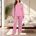 thumbnail image 2 of zfwon Pyjamas Sets for Women Solid/Print Pjs Sets Women's V-Neck Long Sleeve Tops & Wide Leg Trousers Casual Comfort Sleepwear Loungewear 2 Piece Matching Nightwear Set, 2 of 7