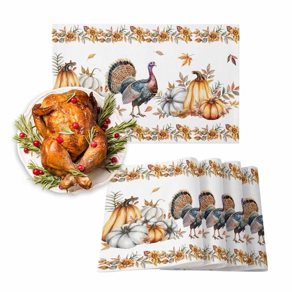 Fall Placemats Set of 4 Harvest Pumpkin Turkey Place Mats Thanksgiving Placemat Sunflower Autumn Maple Leaves Table Mats for Dining Kitchen Table Holiday Dinner Party Home Fall Decorations 13x19