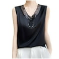 thumbnail image 2 of HOMBOM Tops for Women 2025 Black Cutout Sleeveless V-Neck Solid Color Ice Silk Lace Patchwork Blouse, 2 of 3