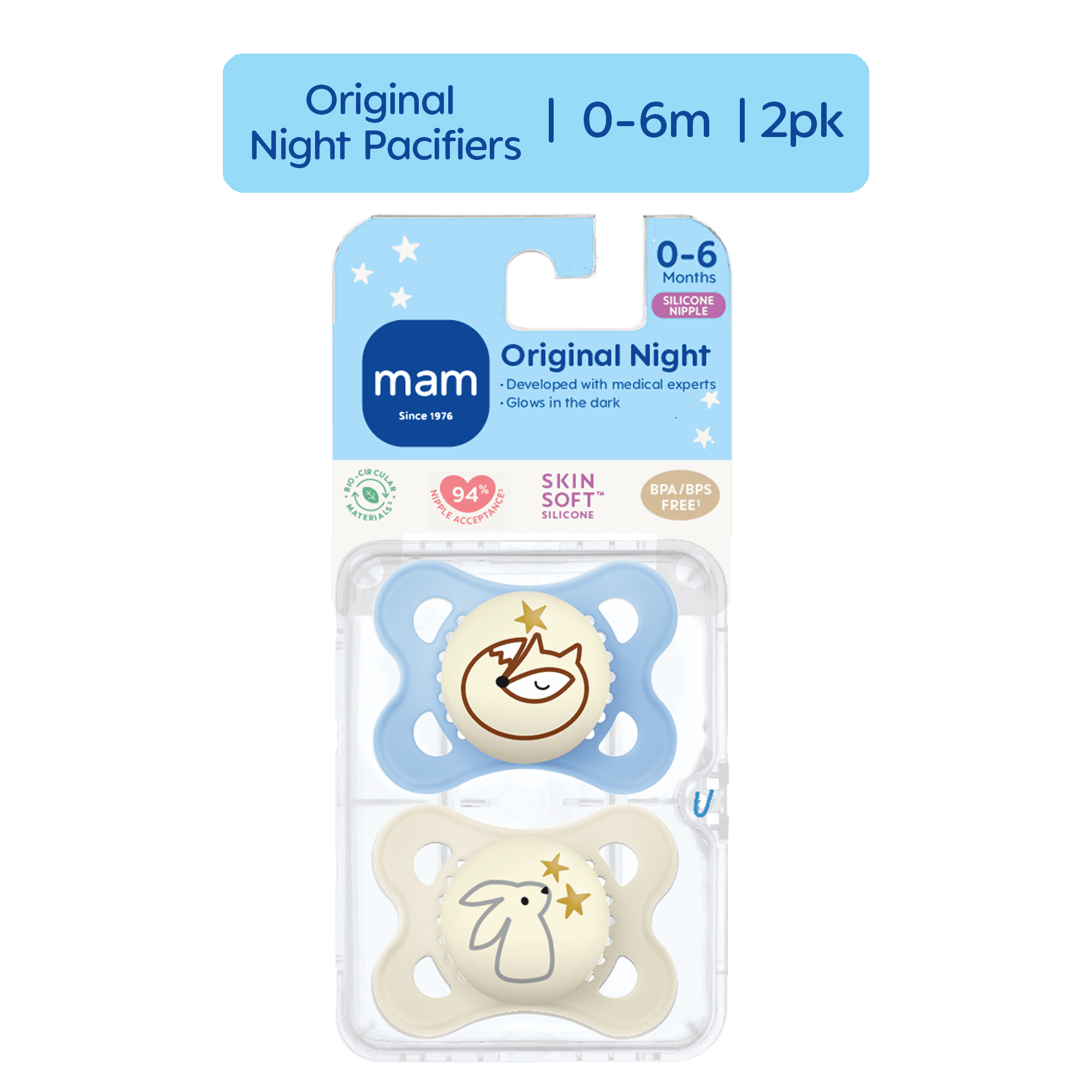 MAM Night Pacifier, 0-6 Months, Unisex, 2 Pack with Self-Sterilizing case