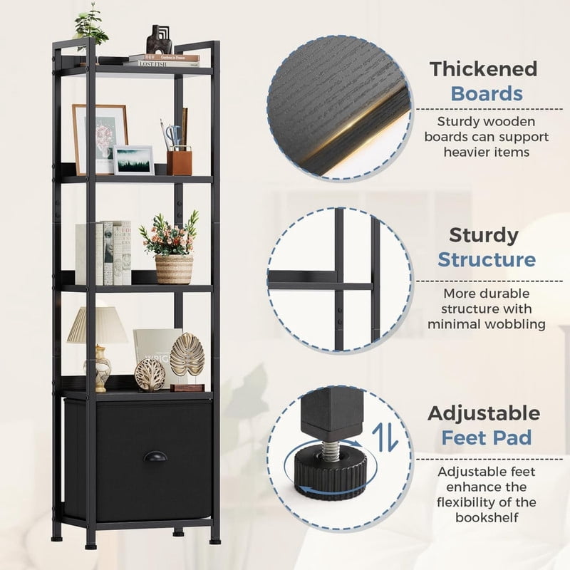 Kelno 5 Tier Bookshelf 55"x15" Bookcase with Fabric Drawer Open Display Storage Rack, Wooden Black
