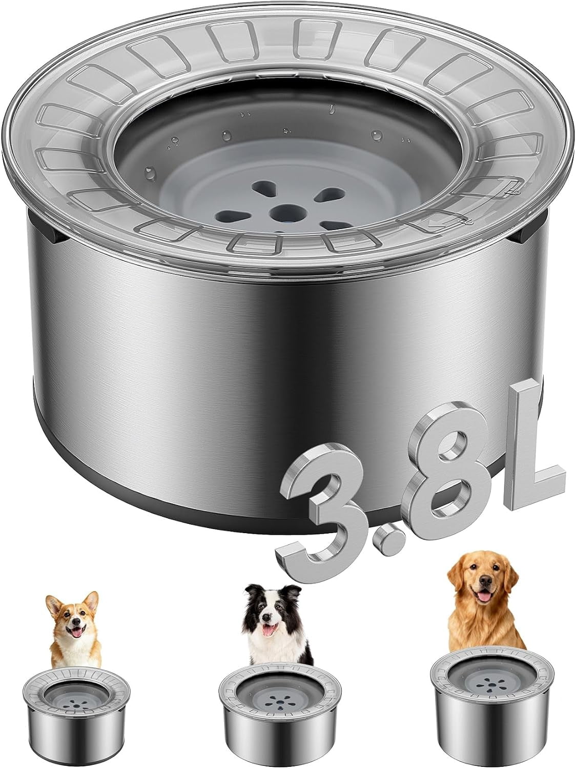 1Gallon Large Dog Water Bowl No Spill, [Anti Digging Lid & Rubber Bottom] Spill Proof Dog Bowl, Anti Splash Mess Dripless Slow Drinking Stainless Steel Water for Sloppy Messy Drinkers Car